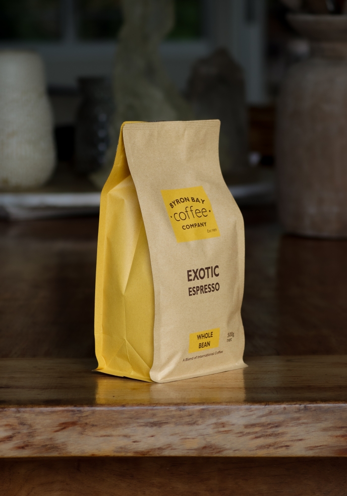 500g yellow and brown bag of Exotic specialty espresso coffee