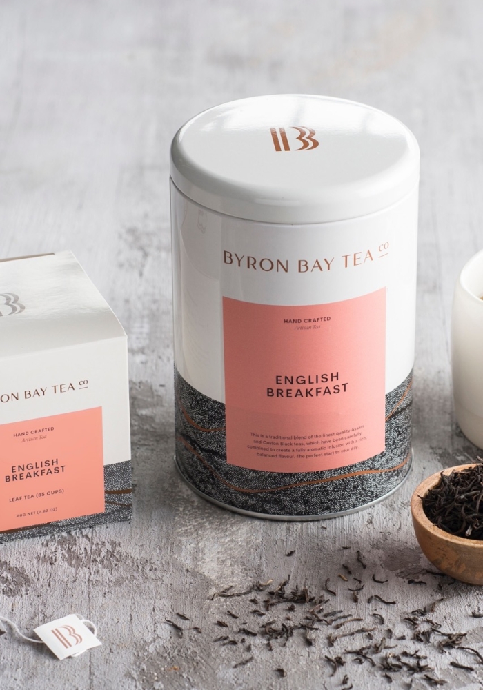 Tin and box of english breakfast tea