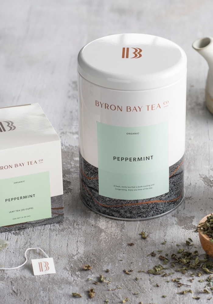 Tin and box of peppermint tea