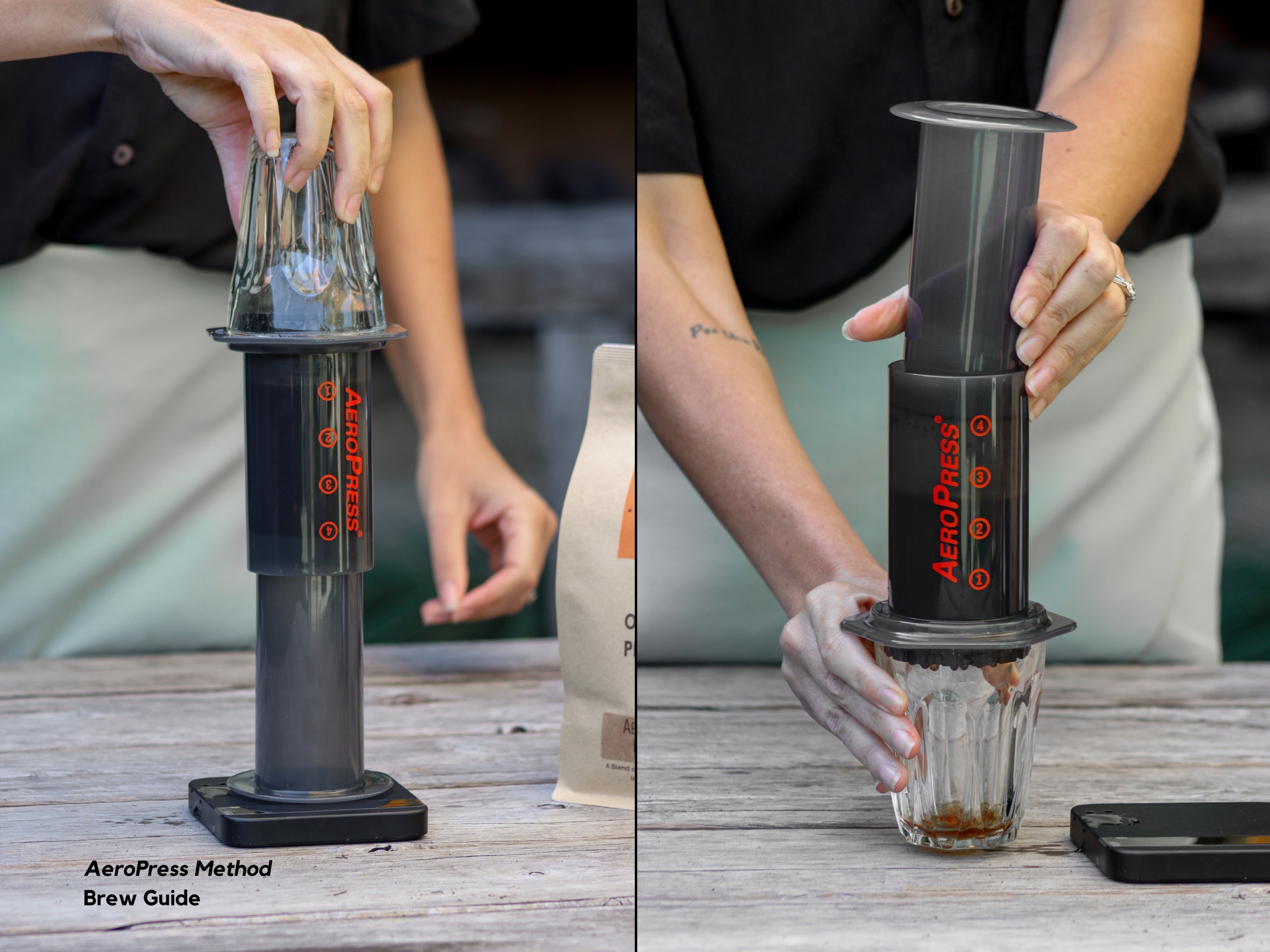 Placing the coffee cup on top of the AeroPress lid, and flipping the Aeropress upside-down