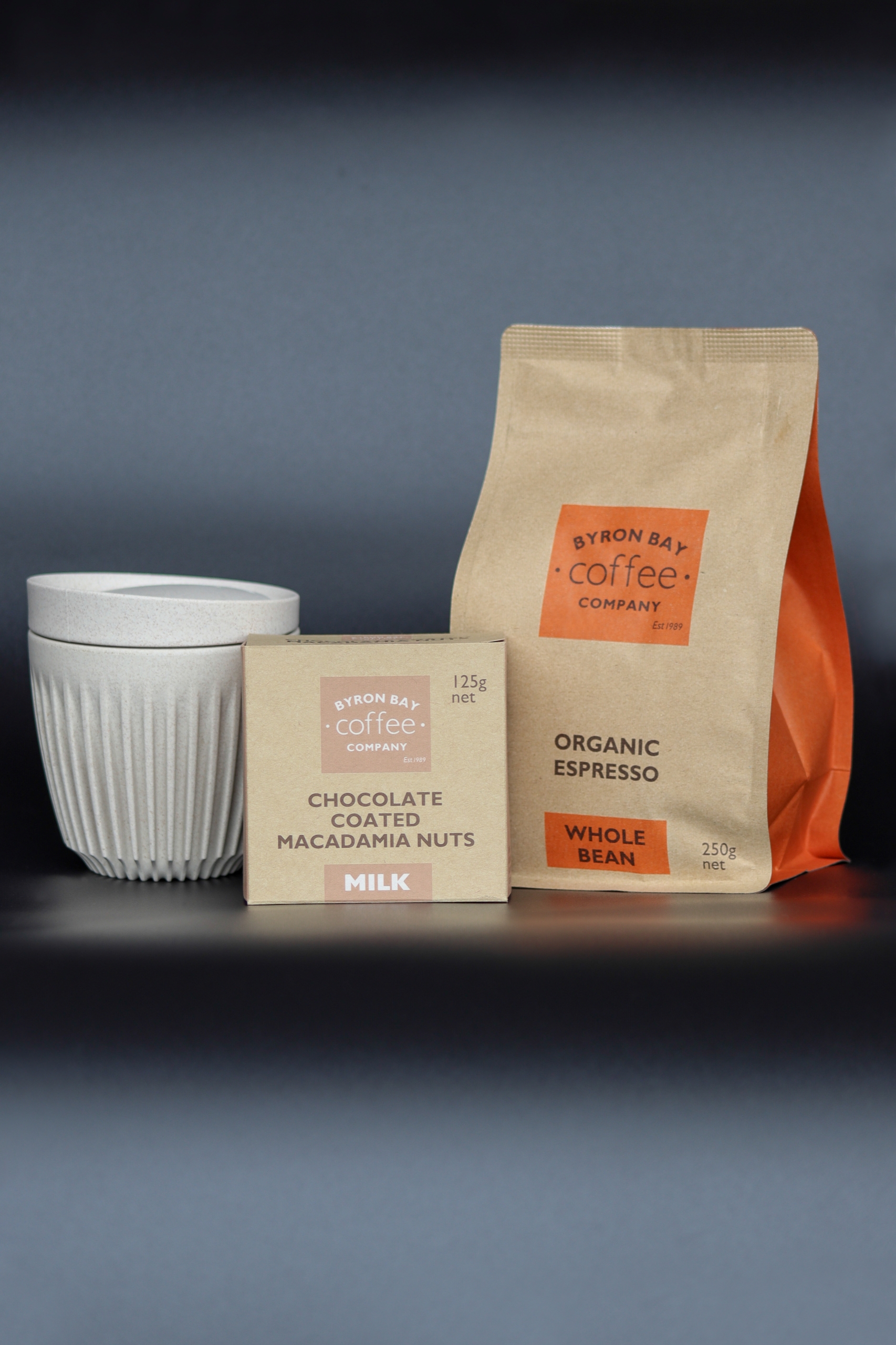 Valentine's Day Pack: 250g Organic Coffee, 125g Chocolate Coated Macadamias and 6oz Huskee Cup