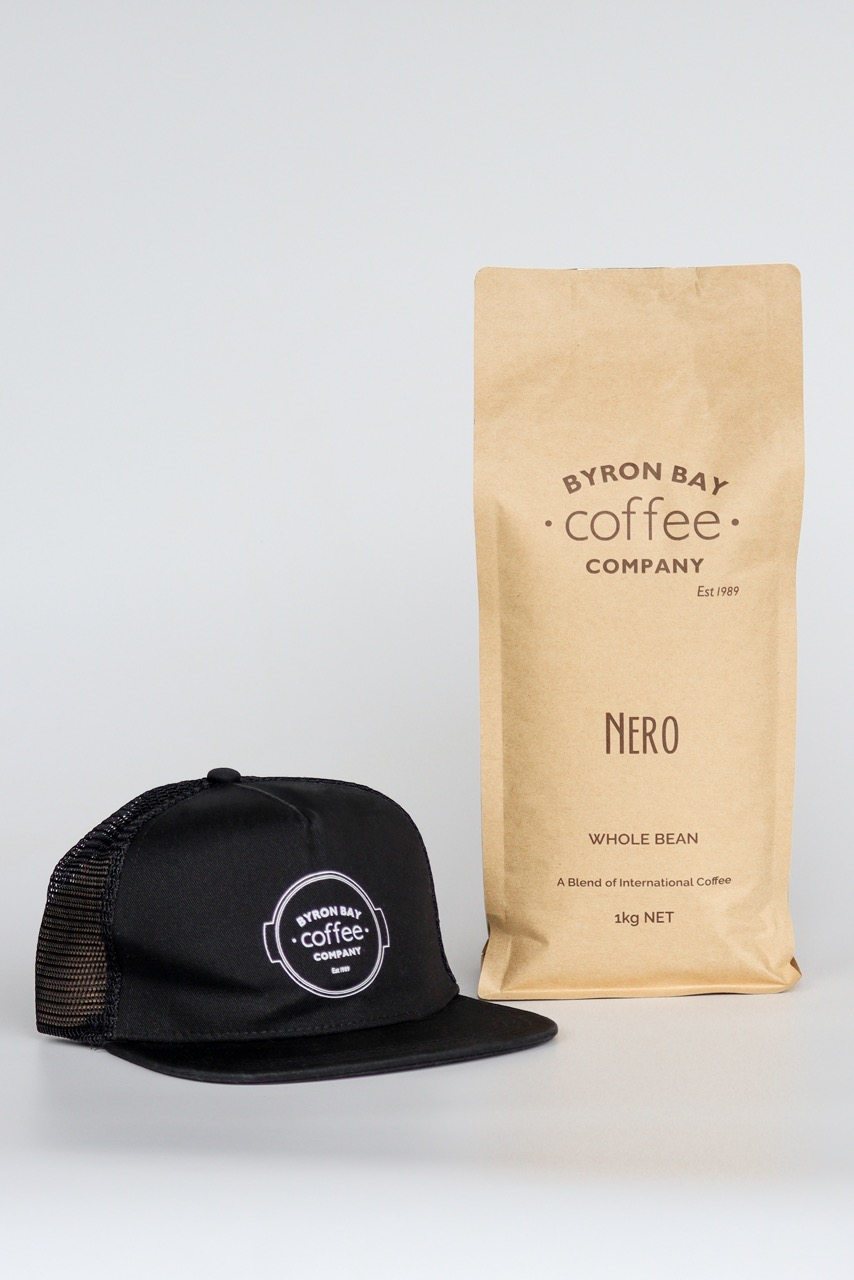 Kilo Bag of Nero Coffee and Byron Bay Coffee Company Trucker Hat